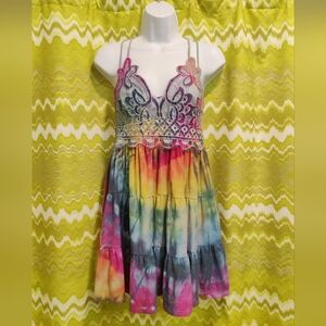 Strappy Rainbow Tie-dye Dress With Lace